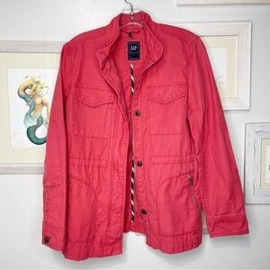 GAP Coral Red Long Sleeve Zip Up Utility Jacket Size Small